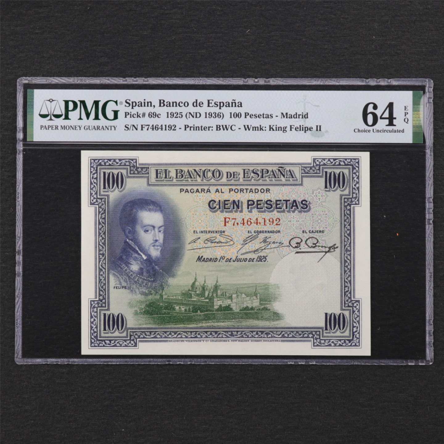 【亘邦集藏】 第162期拍卖 1925年 西班牙100比塞塔 PMG 64EPQ 7464192