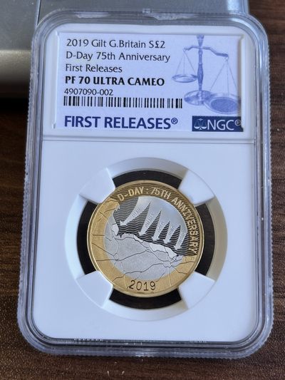 【海寕潮】年中大拍 - 【海寧潮A】英国2019年诺曼底登陆75周年双色纪念银币NGC-PF70首期蓝标