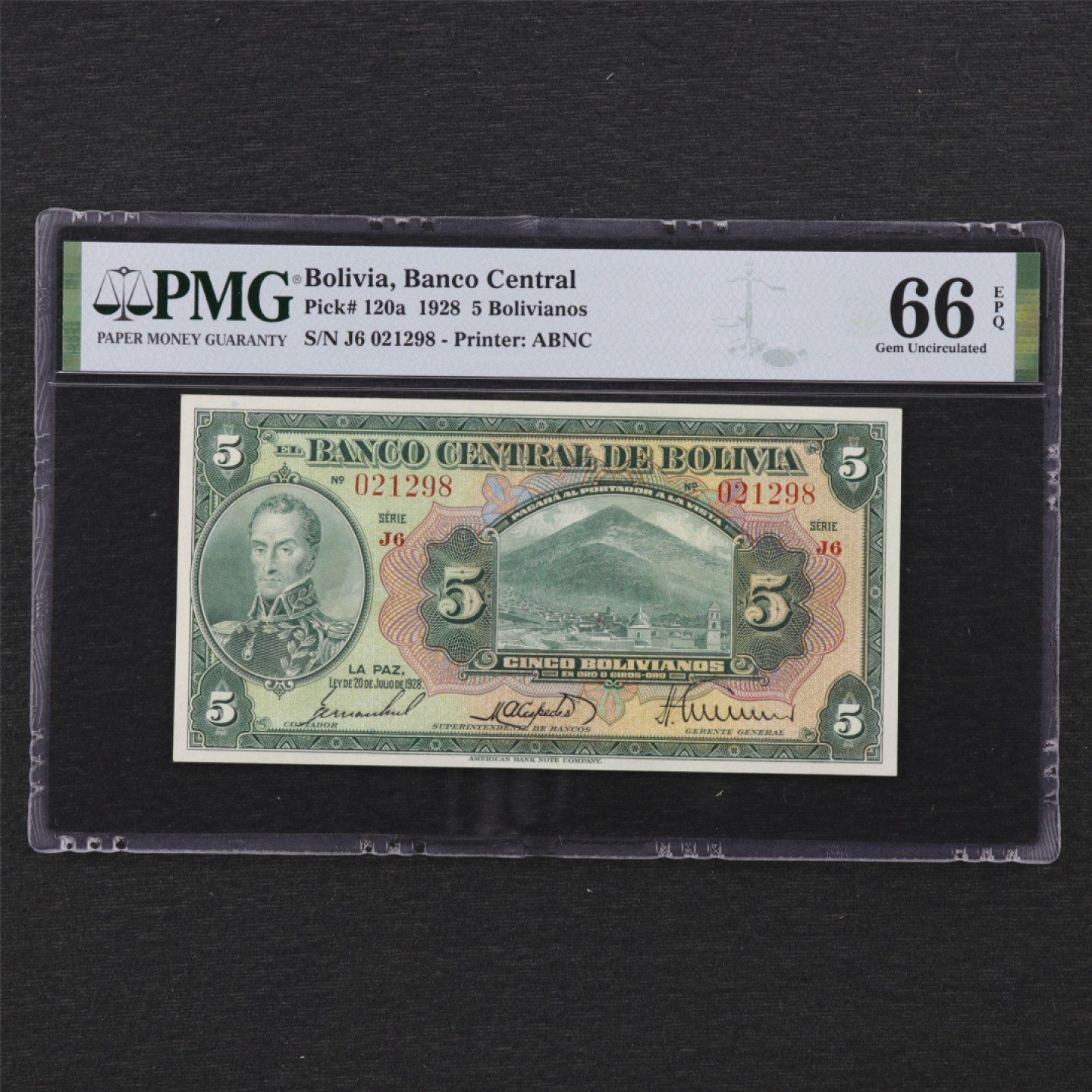 【亘邦集藏】 第162期拍卖 1928年 玻利维亚5诺 PMG 66EPQ 021298