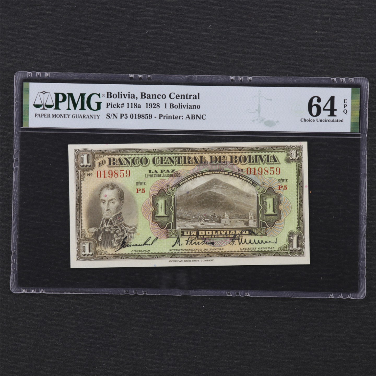 【亘邦集藏】 第162期拍卖 1928年 玻利维亚1诺 PMG 64EPQ 019859