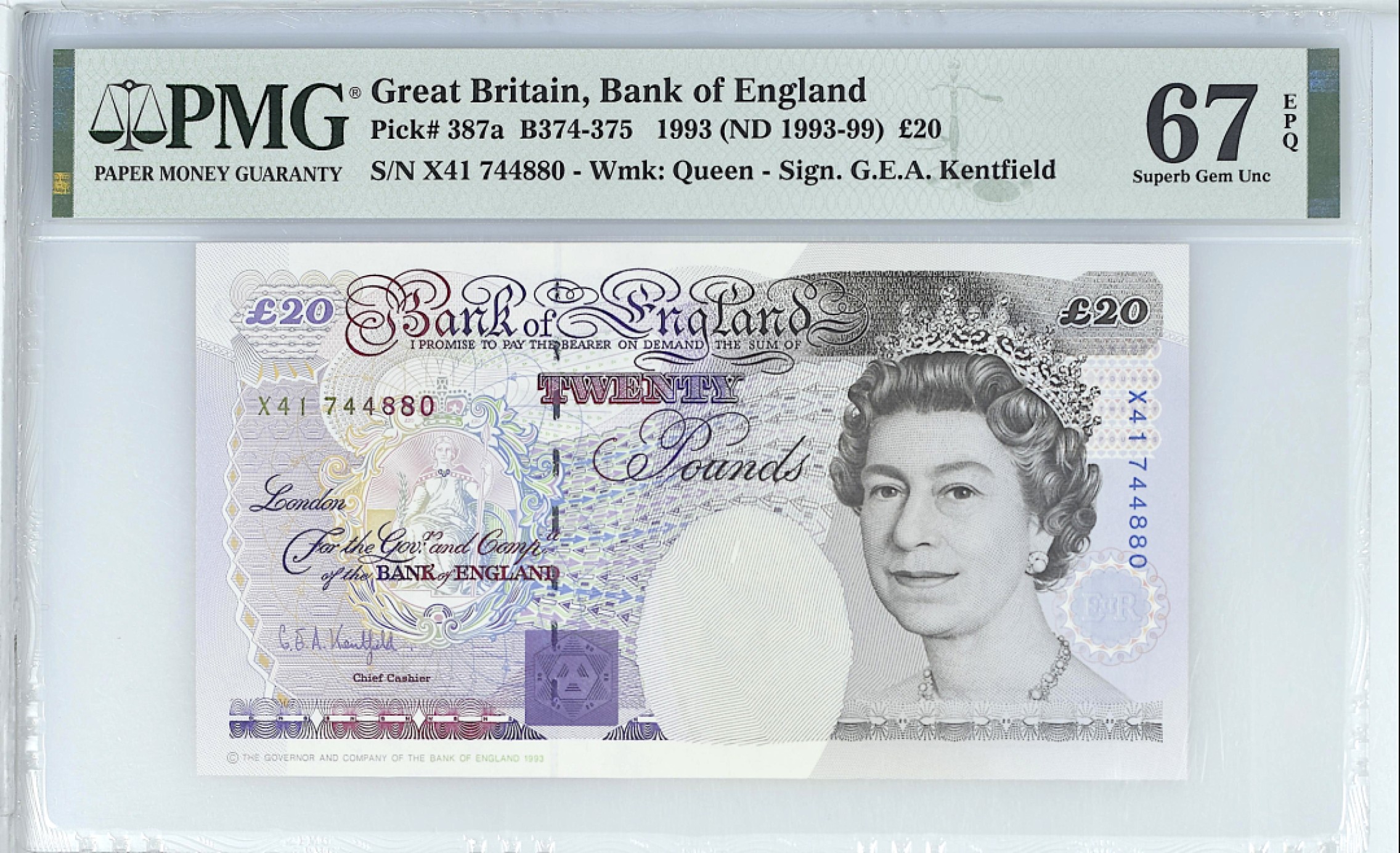 《张总收藏》107期—外币精品 英格兰20镑 PMG67E E序列 数字版 G.E.A. Kentfield签名 冠军分