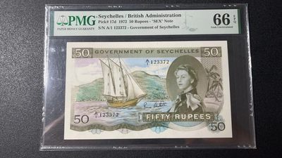 【Blue Auction】✨世界纸币精拍第336期【精】 -  【Sex note A1冠】塞舌尔 1972年50卢比 次高值 PMG66EPQ  非常精美 早期戎装女王精品  