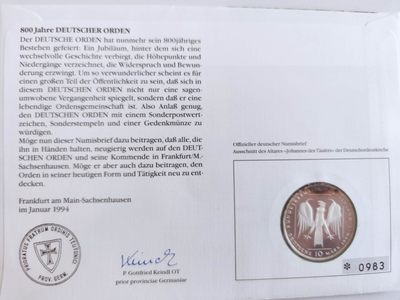 邮币封专场第三场 1990年德国条顿骑士团10马克银币邮币封