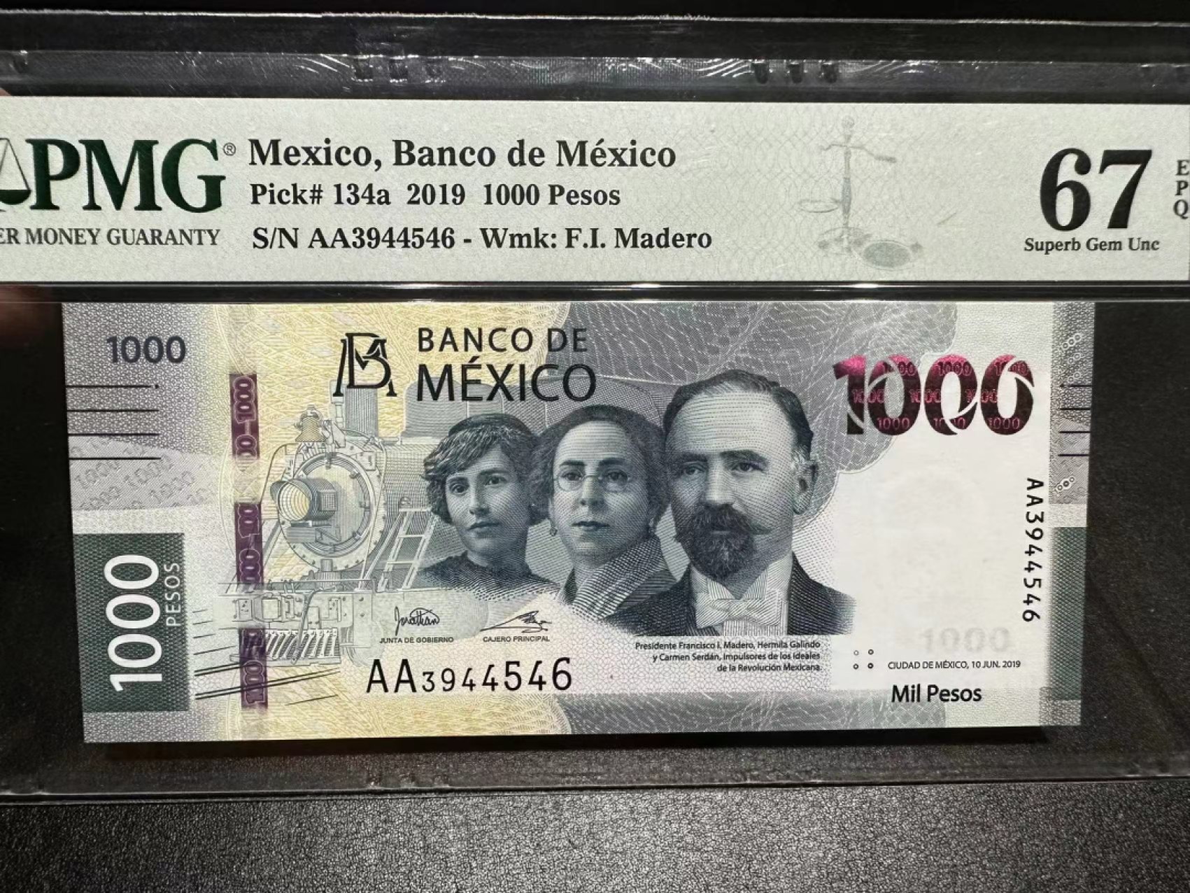 《外钞收藏家》第二百八十六期（连拍第三场） 2019年墨西哥1000比索 AA冠 PMG67
