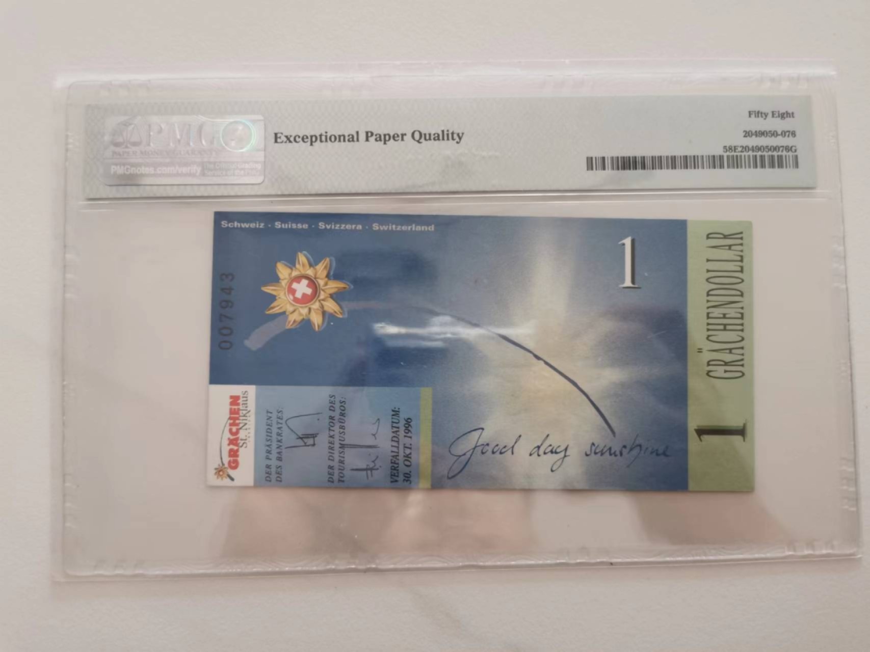 243.【鲸贝乐淘★两拍包邮】三字经·第“首孝悌，次见闻”号拍卖 【瑞典🇸🇪】1996年1元，PMG58E