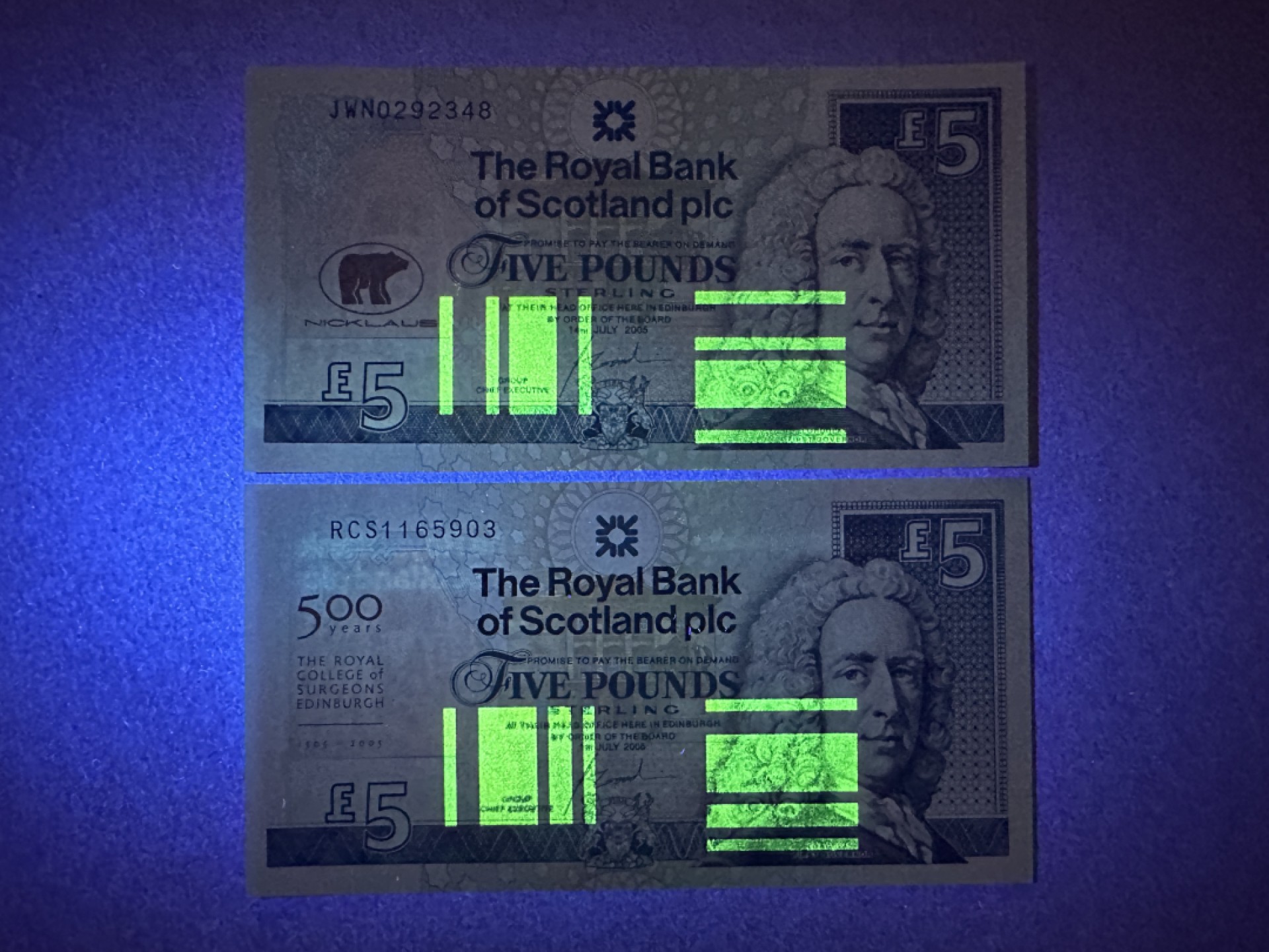 《张总收藏》107期—外币精品 苏格兰5镑不同版本2张 UNC 2005年 杰克尼克劳斯告别高坛纪念钞&爱丁堡皇家外科医师学会成立500周年纪念钞