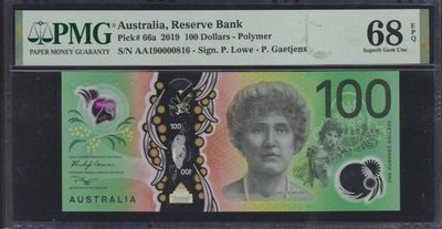 草稿银行第六期国内外钞票硬币拍卖 - 澳大利亚 2019年100澳元 AA首发冠 816开门号 号码全程无3457 倒置号 PMG 68 季军分