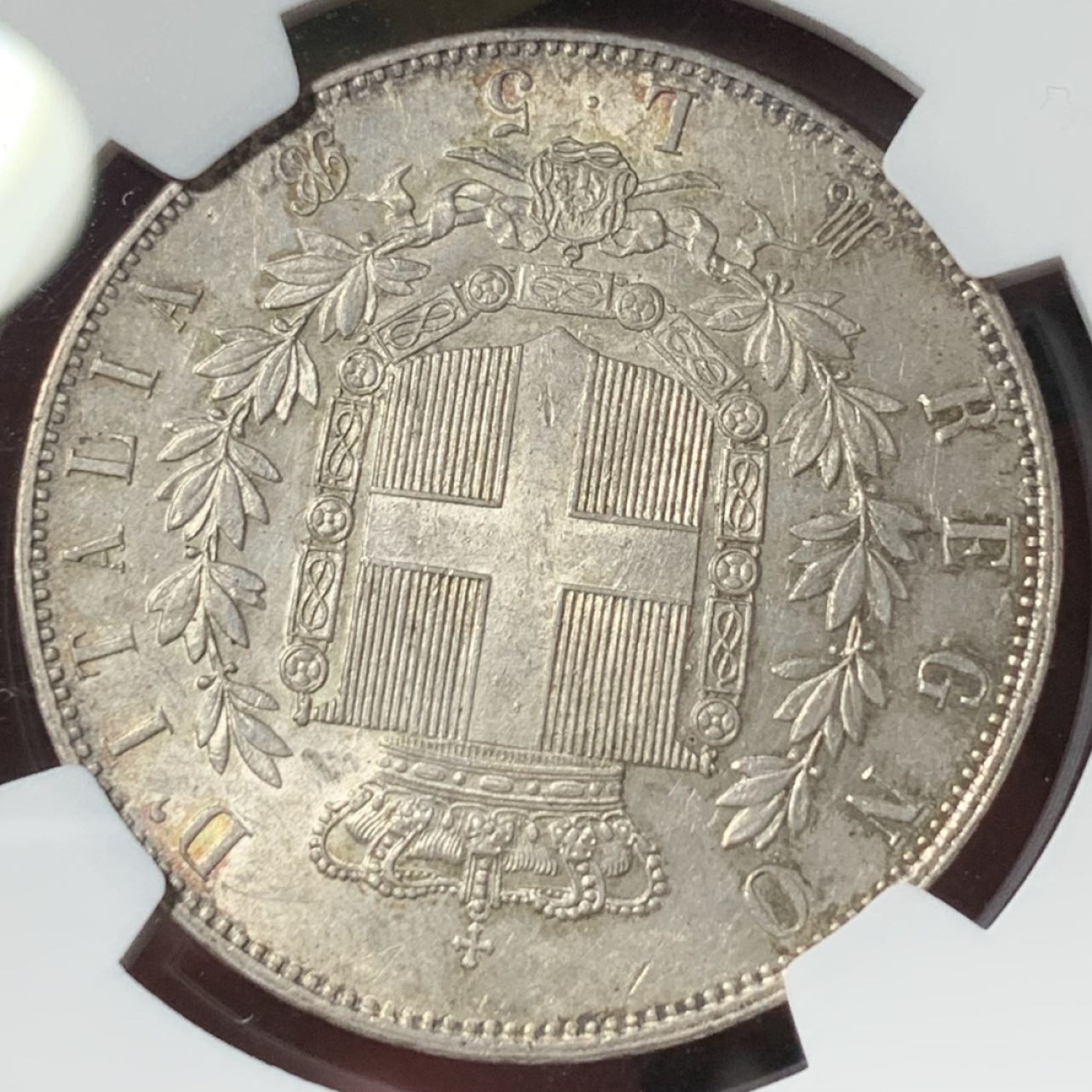 紫瑗钱币——第285期拍卖 意大利 1873年 米兰版 伊曼纽尔二世 5里拉 银币 NGC AU58 入骨包浆