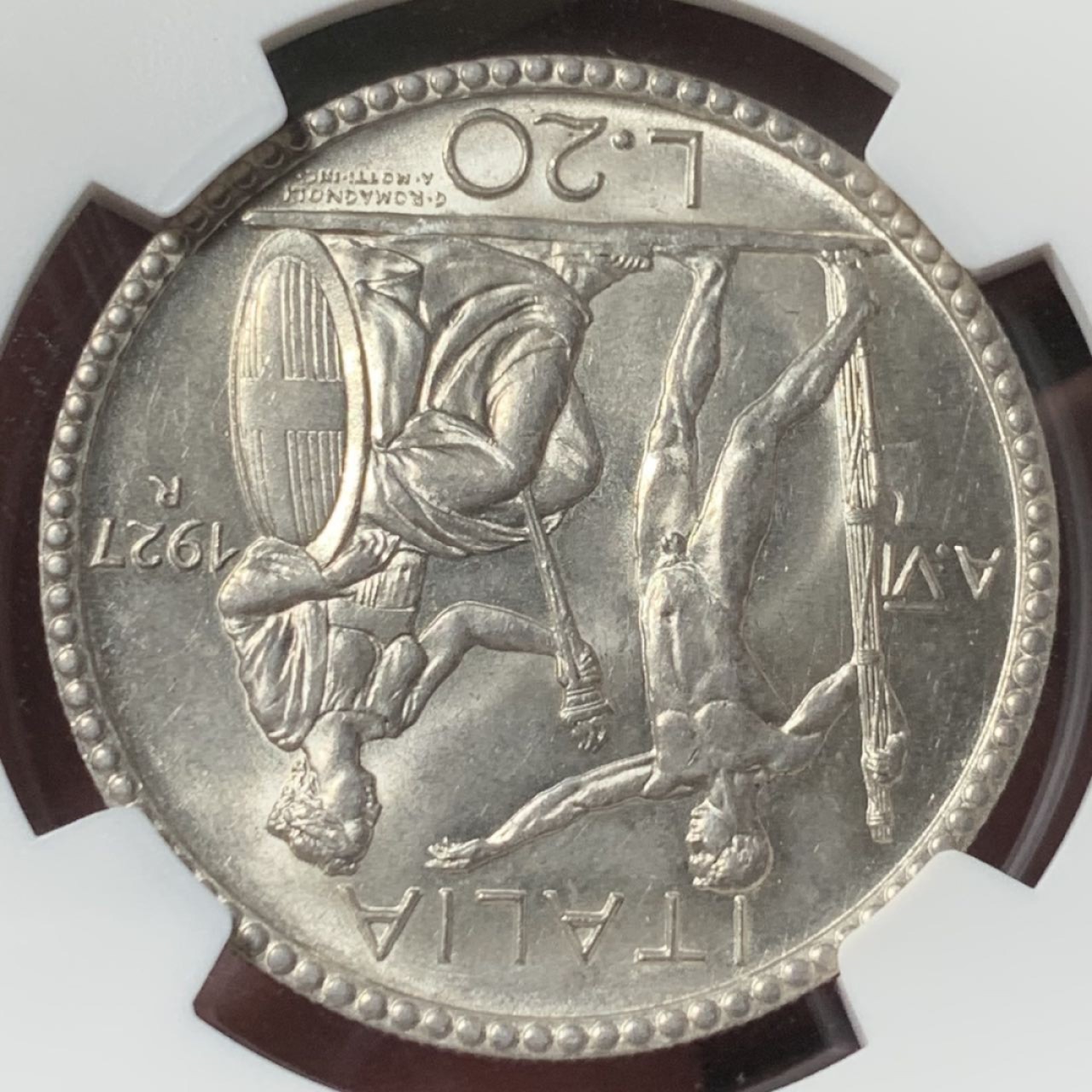 紫瑗钱币——第285期拍卖 意大利 1927年 经典裸男 5里拉 银币 NGC MS63