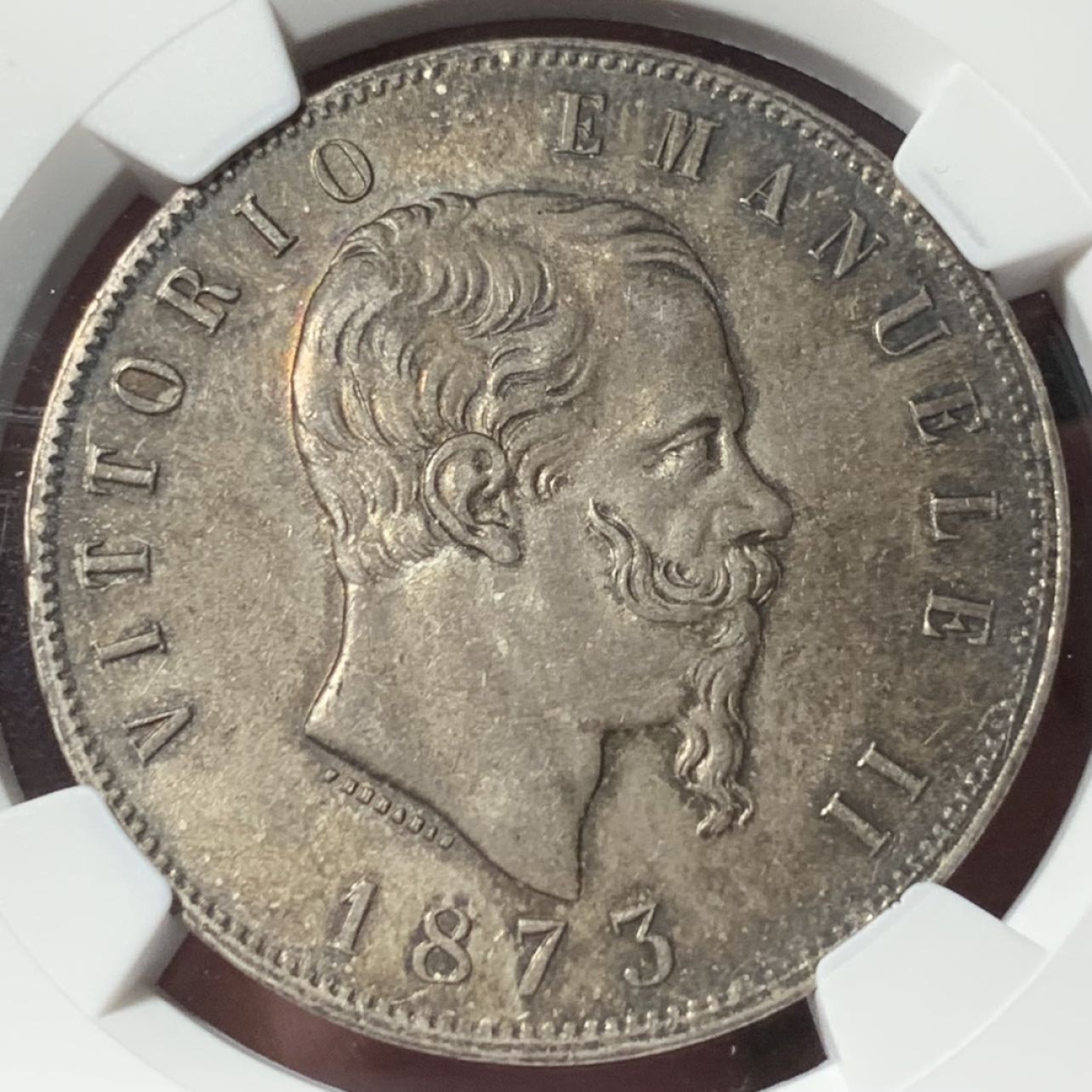 紫瑗钱币——第285期拍卖 意大利 1873年 米兰版 伊曼纽尔二世 5里拉 银币 NGC AU58 入骨包浆