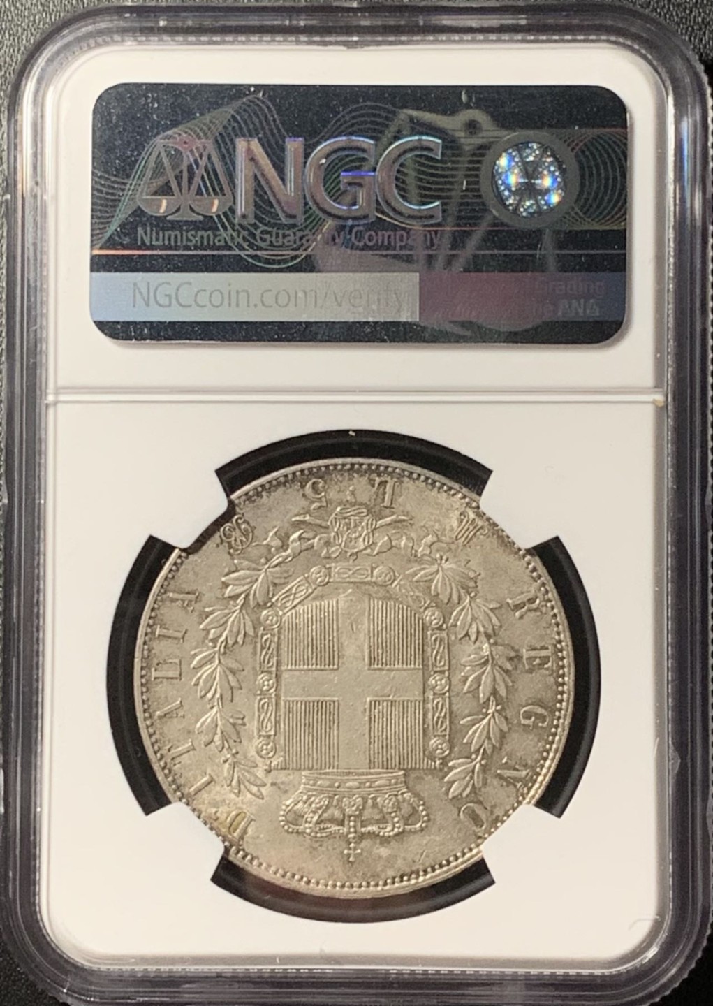 紫瑗钱币——第285期拍卖 意大利 1873年 米兰版 伊曼纽尔二世 5里拉 银币 NGC AU58 入骨包浆