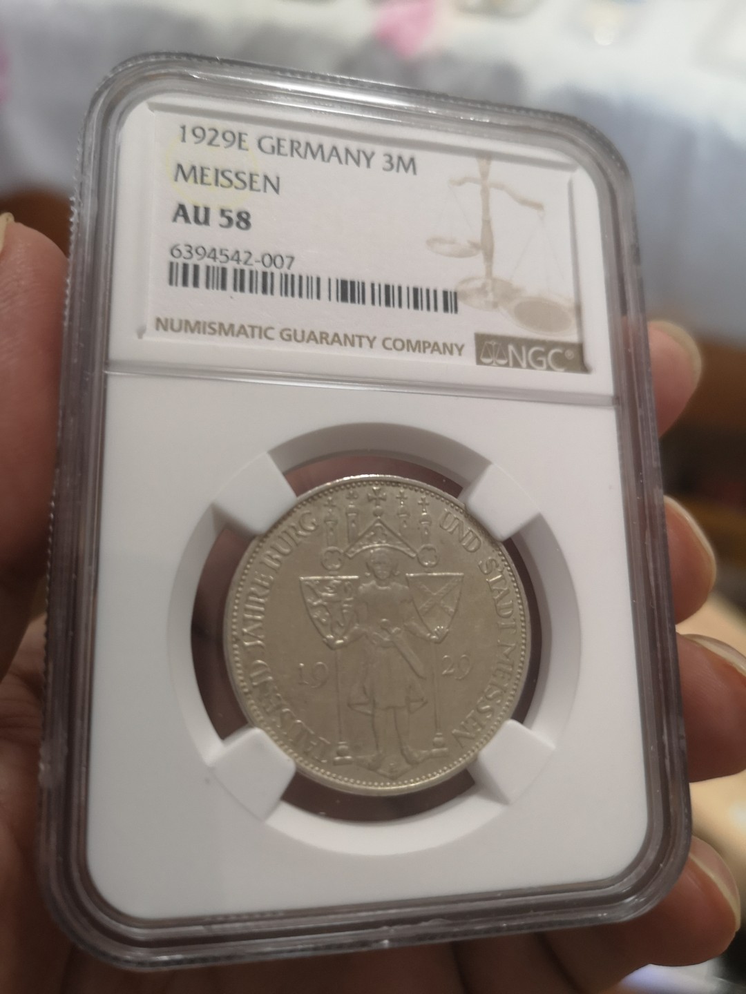 长老汇第10场精品新老银币系列 1929E德国梅森千年3马克银币，NGC AU58