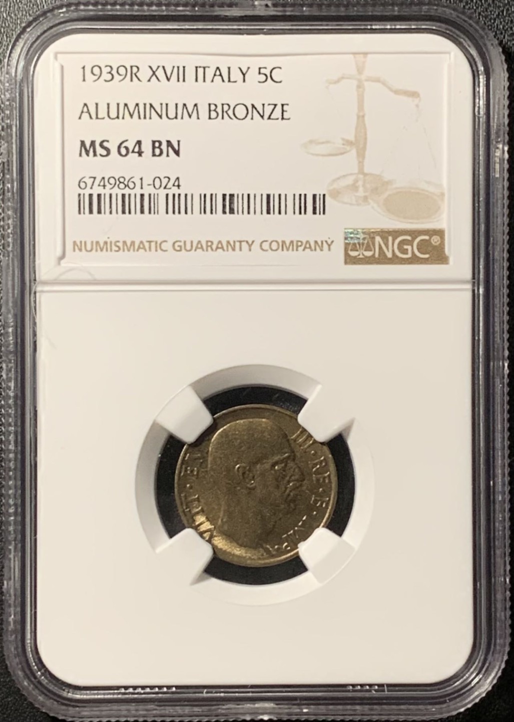 紫瑗钱币——第285期拍卖 意大利 1939年 伊曼纽尔三世 5分 铜币 NGC MS64 BN