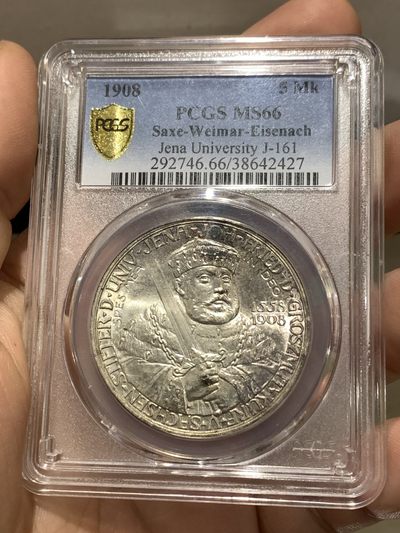 《竞宝斋》第176场-周日，周一2场 (全场包邮) - PCGS MS66 德国萨克森魏玛1908年耶拿大学5马克银币 66分闪耀十字光