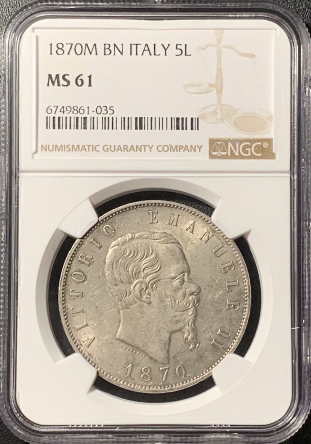紫瑗钱币——第285期拍卖 意大利 1870年 米兰版 伊曼纽尔二世 5里拉 银币 NGC MS61