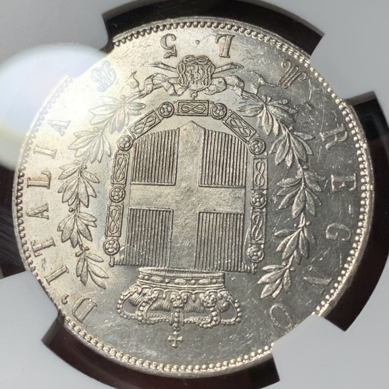 紫瑗钱币——第285期拍卖 意大利 1872年 米兰版 伊曼纽尔二世 5里拉 银币 NGC MS62