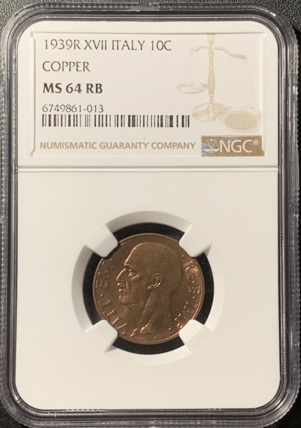 紫瑗钱币——第285期拍卖 意大利 1939年 伊曼纽埃三世 10分 铜币 NGC MS64 RB