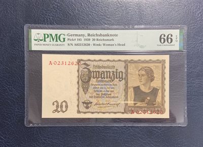 收藏联盟Quantum Auction 第270期拍卖 蜜月胜地-斐济 - 德国1939年20马克 PMG66 A冠 号码无457
