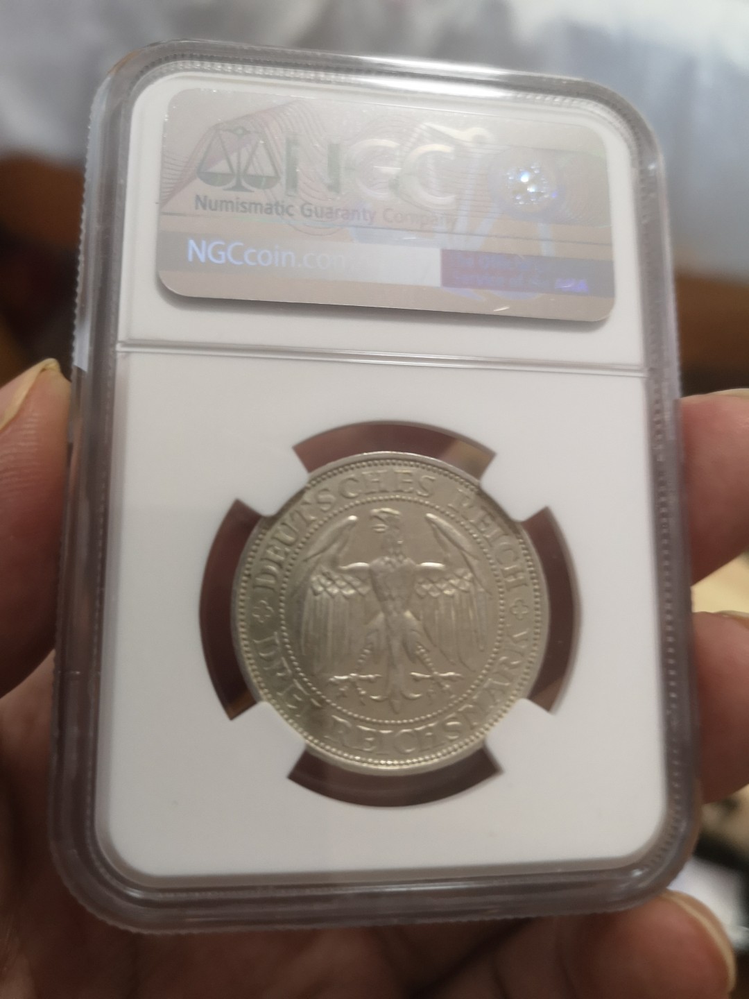长老汇第10场精品新老银币系列 1929E德国梅森千年3马克银币，NGC AU58
