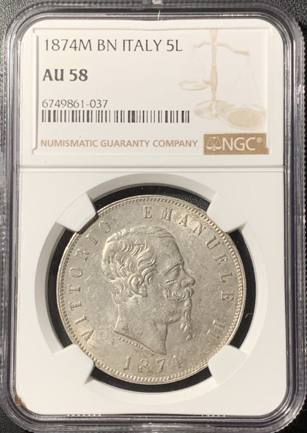 紫瑗钱币——第285期拍卖 意大利 1874年 米兰版 伊曼纽尔二世 5里拉 银币 NGC AU58
