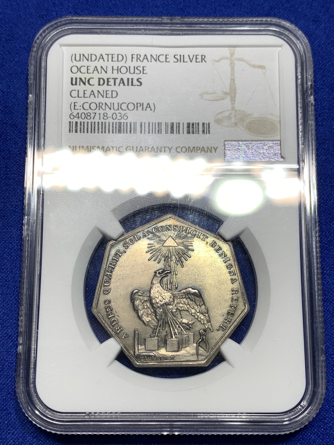 《竞宝斋》第176场-周日，周一2场 (全场包邮) NGC-UNC 罕见法国七角银质代币，法国共济会，三角架典型的共济会特征