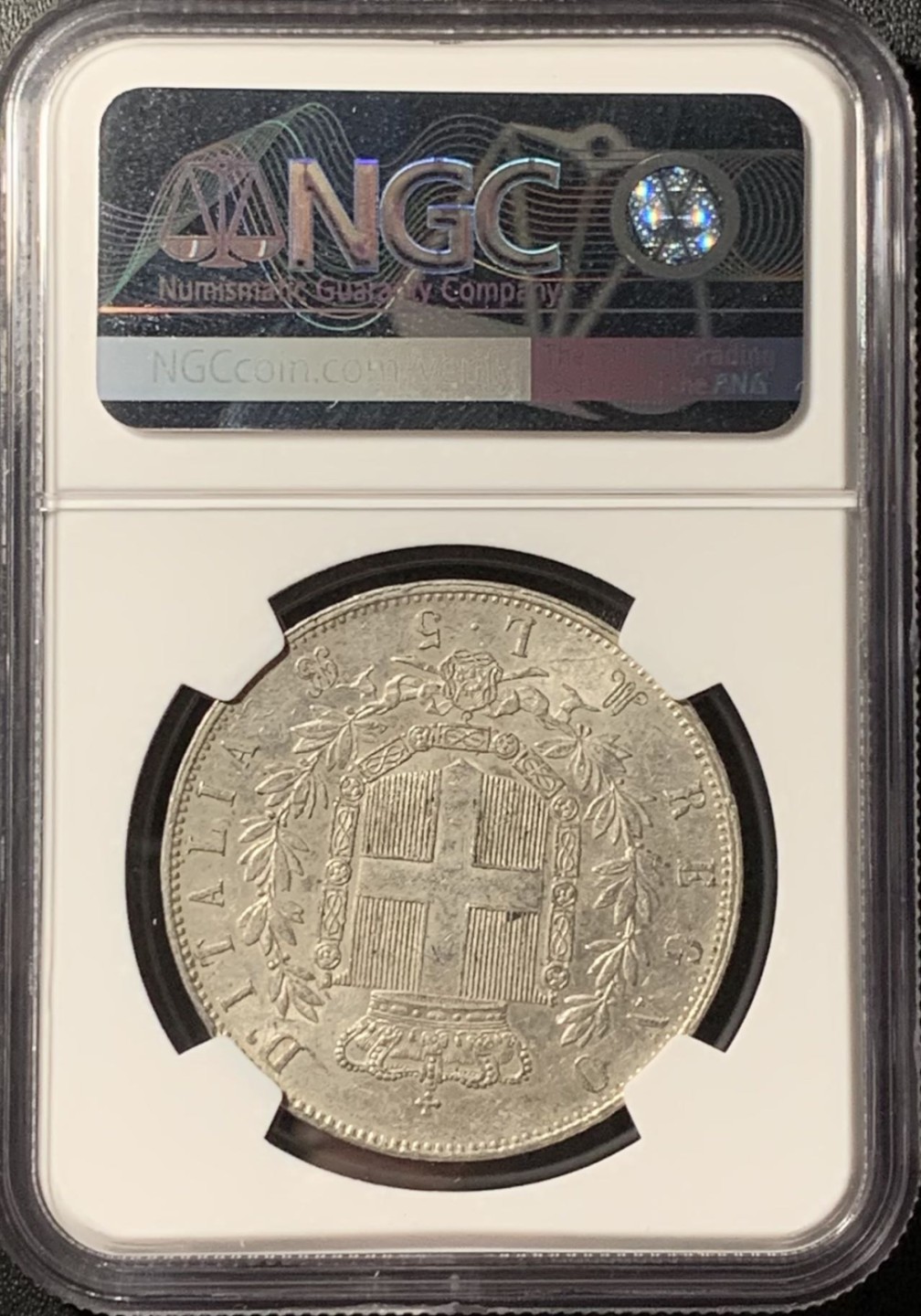 紫瑗钱币——第285期拍卖 意大利 1874年 米兰版 伊曼纽尔二世 5里拉 银币 NGC AU58