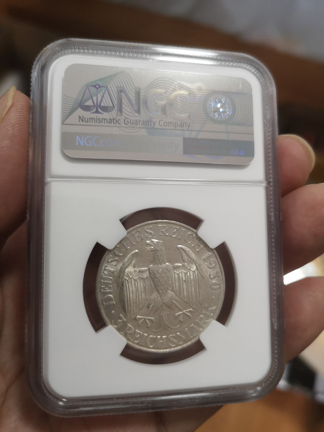 长老汇第10场精品新老银币系列 1930德国齐柏林飞艇5马克银币，NGC MS62，这枚实际是3马克，自己送评，上海NGC标错了，应该不止62分