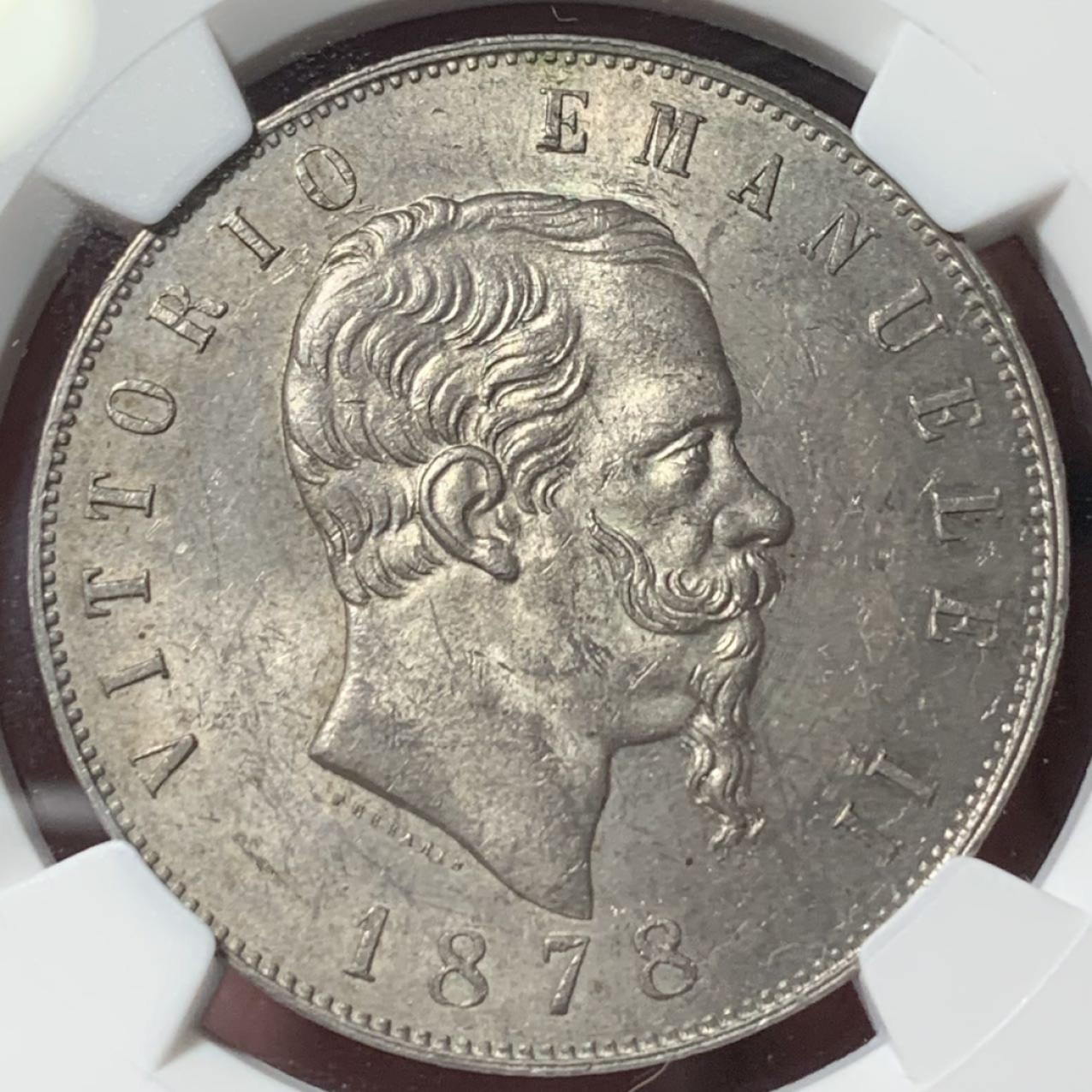 紫瑗钱币——第285期拍卖 意大利 1878年 罗马版 伊曼纽尔二世 5里拉 银币 NGC MS62 老包浆 特年少见