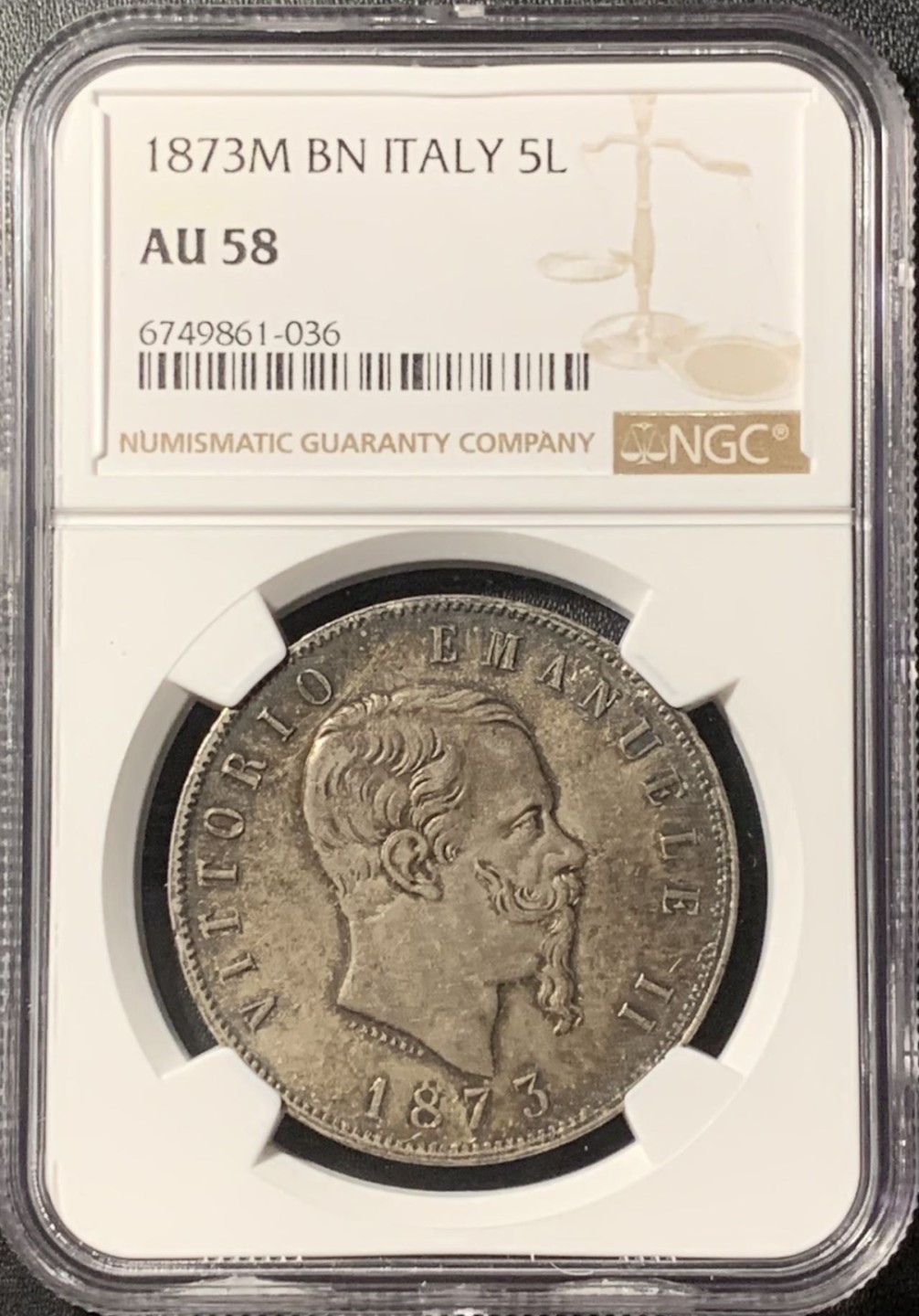 紫瑗钱币——第285期拍卖 意大利 1873年 米兰版 伊曼纽尔二世 5里拉 银币 NGC AU58 入骨包浆