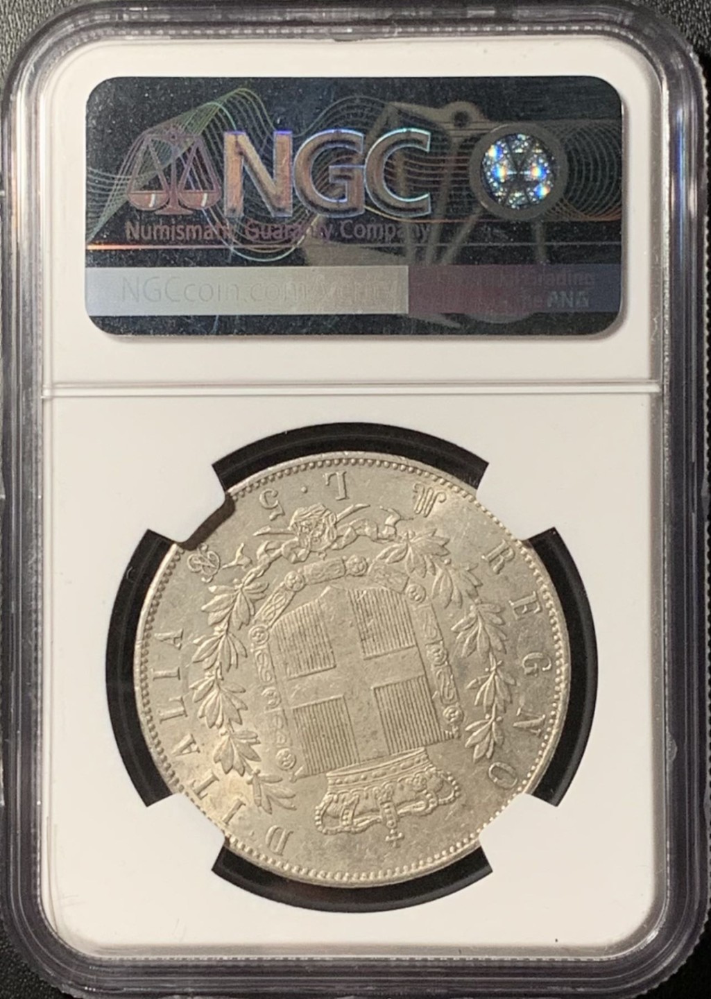 紫瑗钱币——第285期拍卖 意大利 1870年 米兰版 伊曼纽尔二世 5里拉 银币 NGC MS61