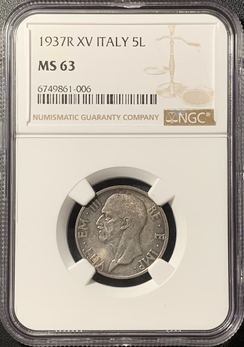 紫瑗钱币——第285期拍卖 意大利 1937年 圣母抱婴 5里拉 银币 NGC MS63 少见年份