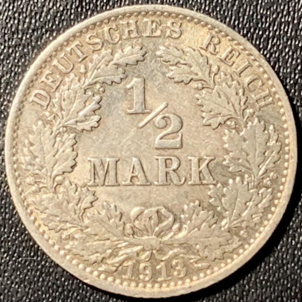 紫瑗钱币——第285期拍卖 德国 1913年 A版 第二帝国 1/2马克 银币 2.77克 0.9银