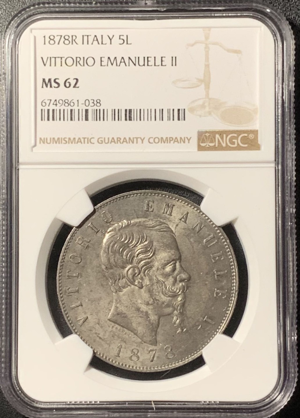 紫瑗钱币——第285期拍卖 意大利 1878年 罗马版 伊曼纽尔二世 5里拉 银币 NGC MS62 老包浆 特年少见