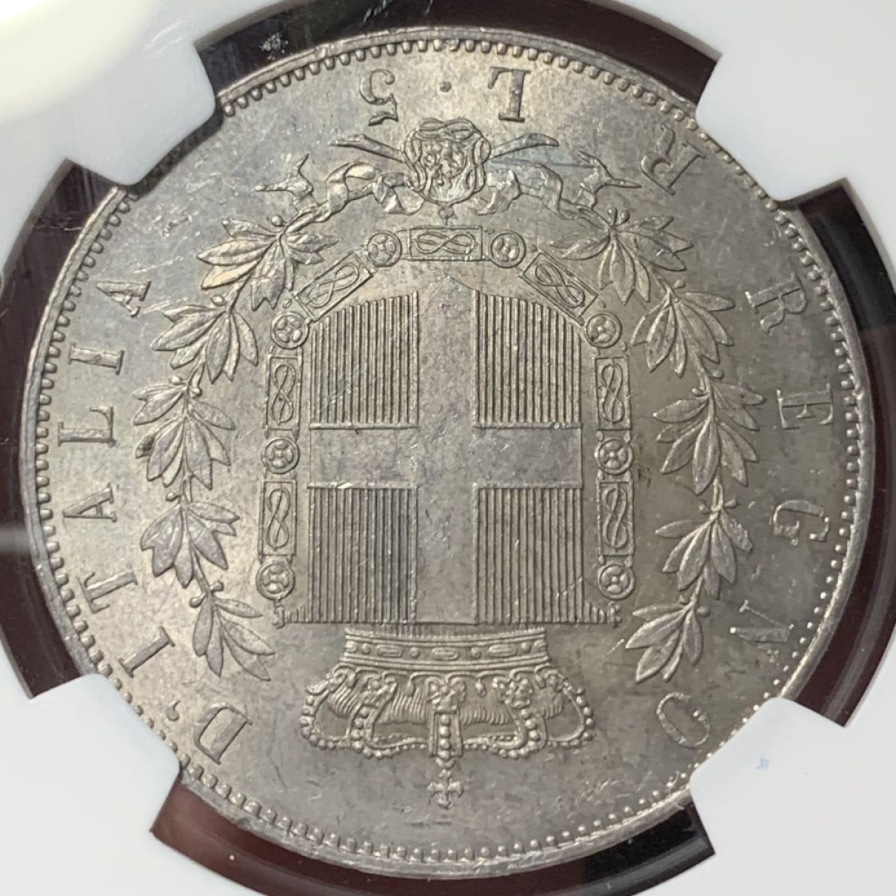 紫瑗钱币——第285期拍卖 意大利 1878年 罗马版 伊曼纽尔二世 5里拉 银币 NGC MS62 老包浆 特年少见