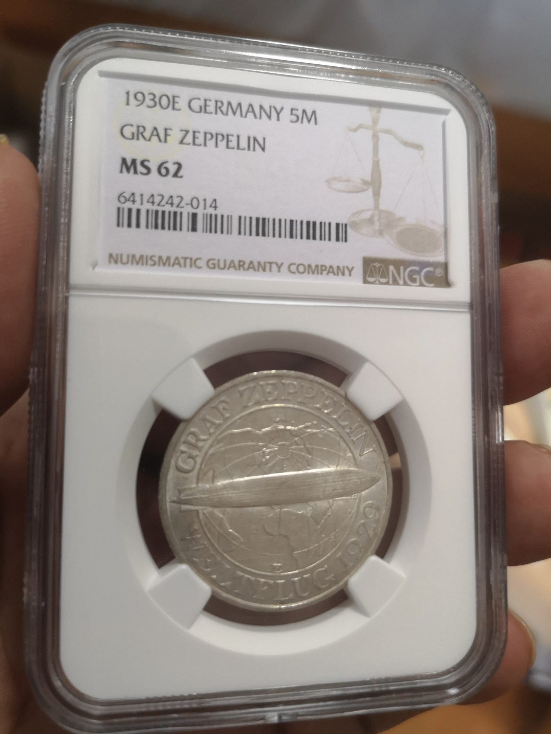 长老汇第10场精品新老银币系列 1930德国齐柏林飞艇5马克银币，NGC MS62，这枚实际是3马克，自己送评，上海NGC标错了，应该不止62分