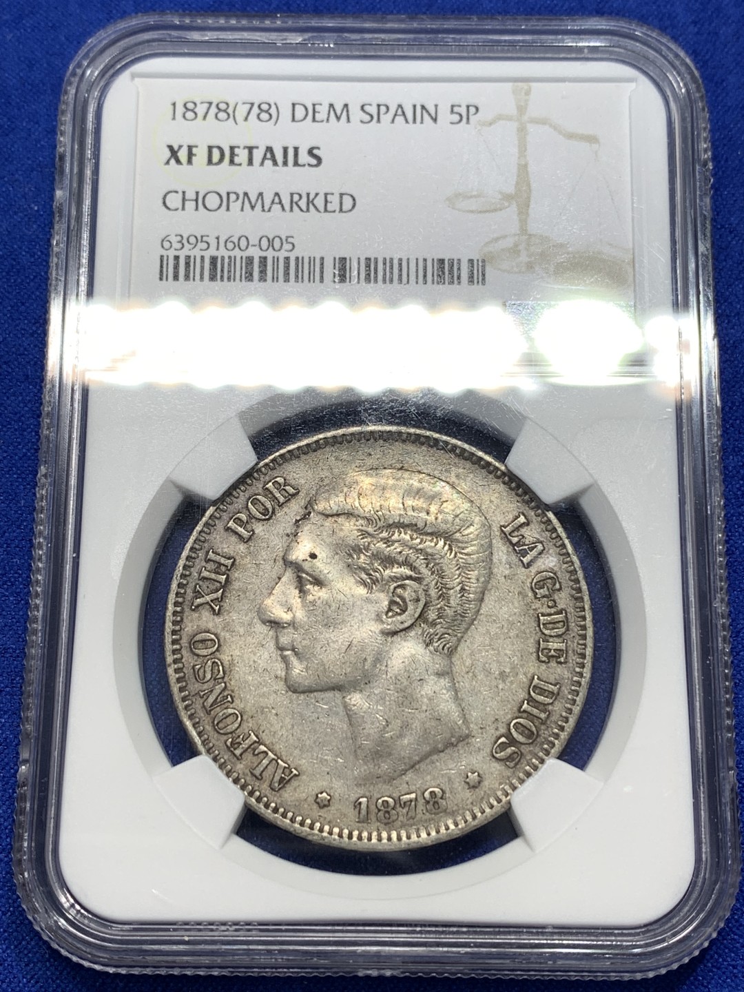 《竞宝斋》第176场-周日，周一2场 (全场包邮) NGC XFD 西班牙1878双柱阿方索十二世五比赛塔银币 深彩包浆