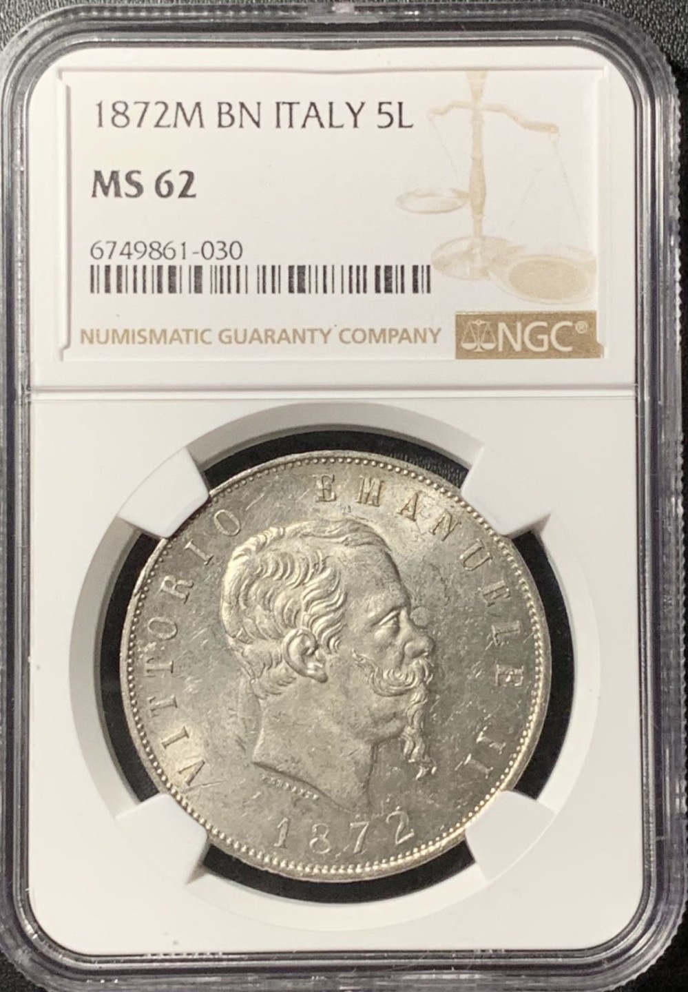 紫瑗钱币——第285期拍卖 意大利 1872年 米兰版 伊曼纽尔二世 5里拉 银币 NGC MS62
