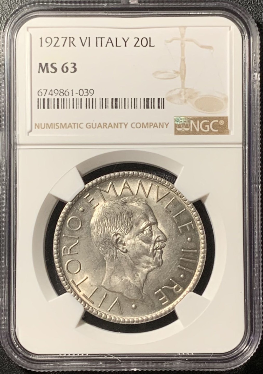 紫瑗钱币——第285期拍卖 意大利 1927年 经典裸男 5里拉 银币 NGC MS63
