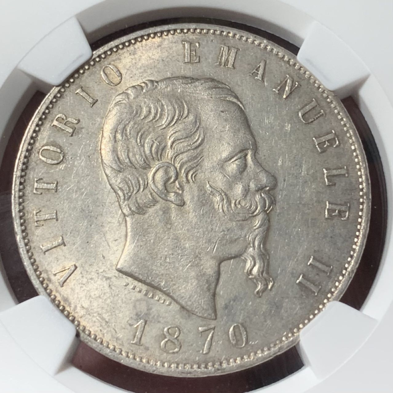 紫瑗钱币——第285期拍卖 意大利 1870年 米兰版 伊曼纽尔二世 5里拉 银币 NGC MS61
