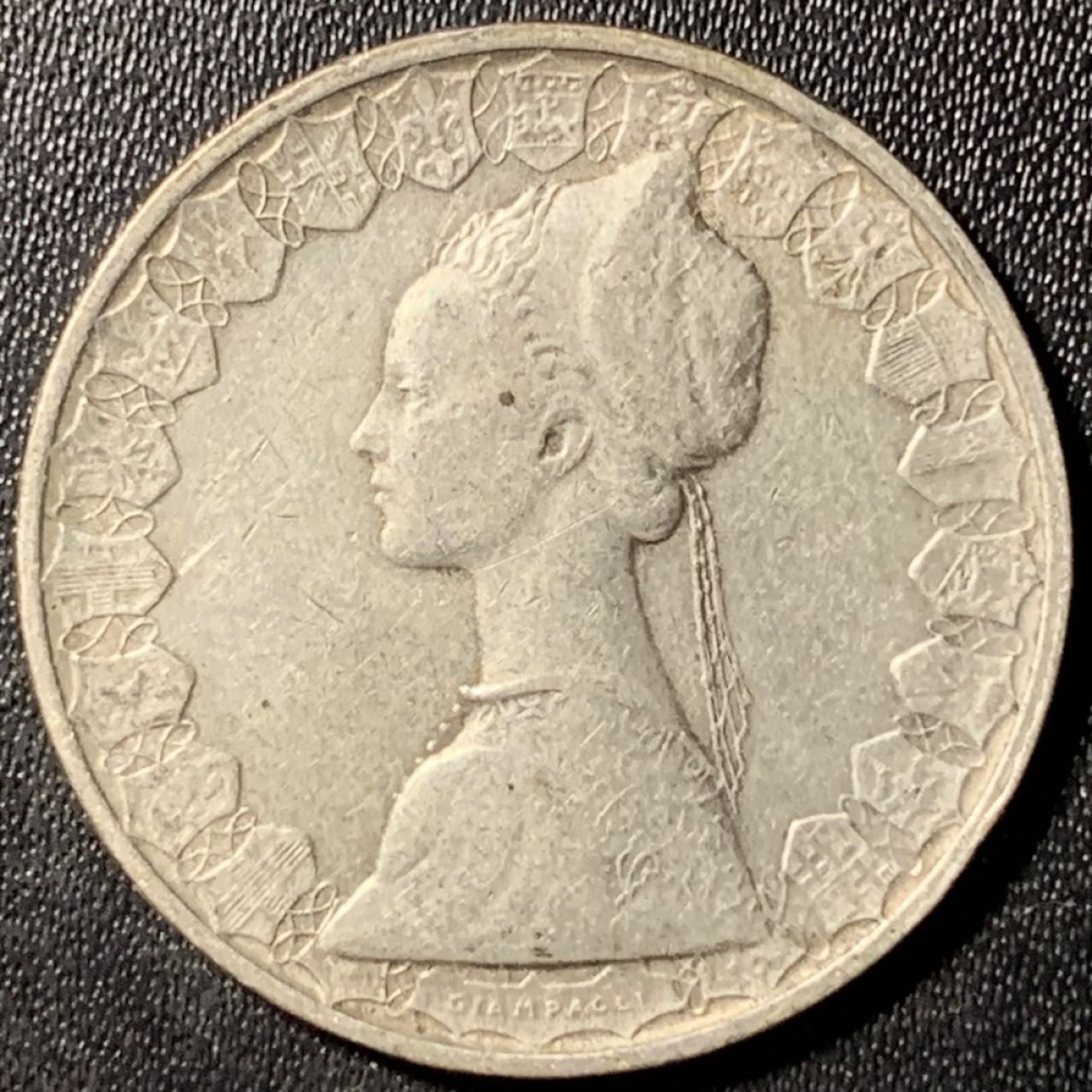 紫瑗钱币——第285期拍卖 意大利 1960年 少女与帆船 500里拉 11克 0.835银 UNC