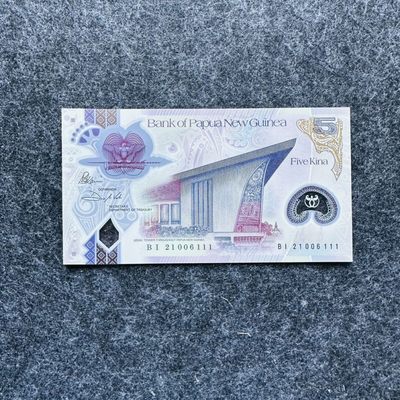 89th ¥ ¥🇵🇬巴新2021年5和20基纳，新年份，20基纳缩小版第一次发行流通钞 - 巴布亚新几内亚2021年5基纳，新日期，豹子号111，BI21006111