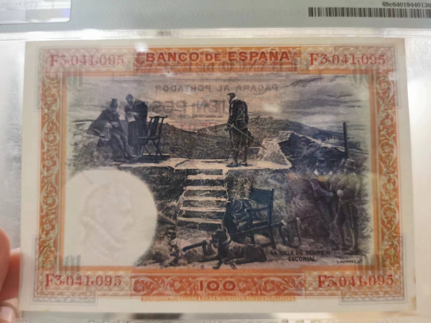 243.【鲸贝乐淘★两拍包邮】三字经·第“首孝悌，次见闻”号拍卖 【西班牙🇪🇸】1925年100元，百年老钞，PMG64分，瑕疵如图