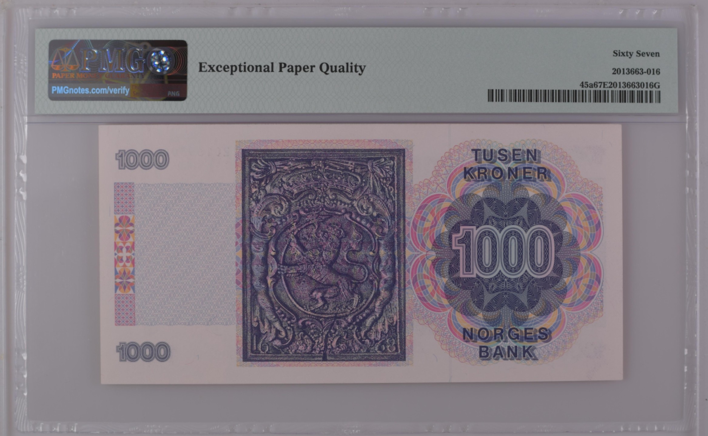 收藏联盟Quantum Auction 第270期拍卖 蜜月胜地-斐济 挪威1989-90年1000克朗 PMG67 首发年份 号码无457 挪威宪法之父法尔森