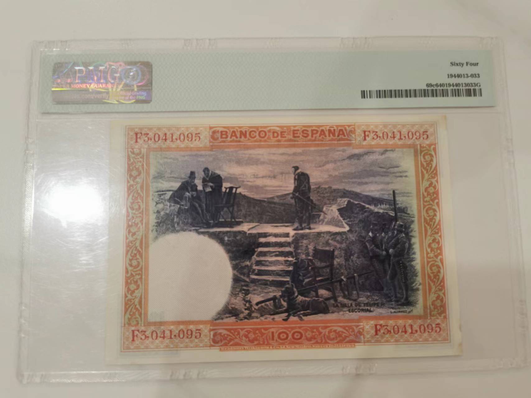 243.【鲸贝乐淘★两拍包邮】三字经·第“首孝悌，次见闻”号拍卖 【西班牙🇪🇸】1925年100元，百年老钞，PMG64分，瑕疵如图