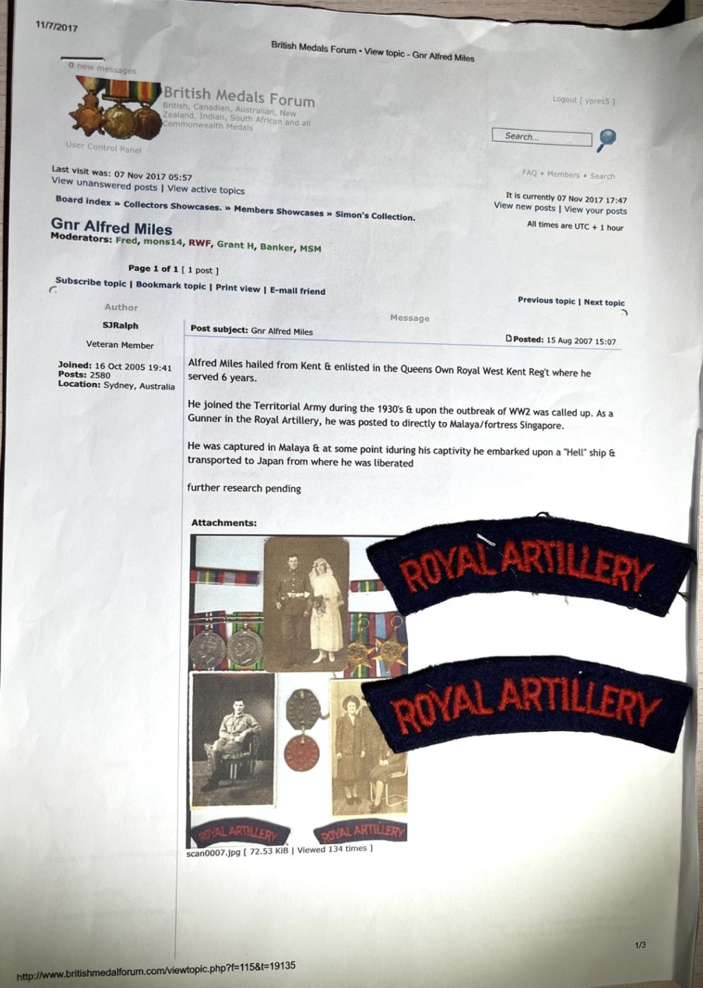 大猫徽章拍卖第227期 英章套章，包含二战之星，太平洋之星，本土防御奖章，二战参战奖章，服役证章，狗牌，服役记录，集中营文件，关于其被俘与获救的当地报纸原件与复印件。