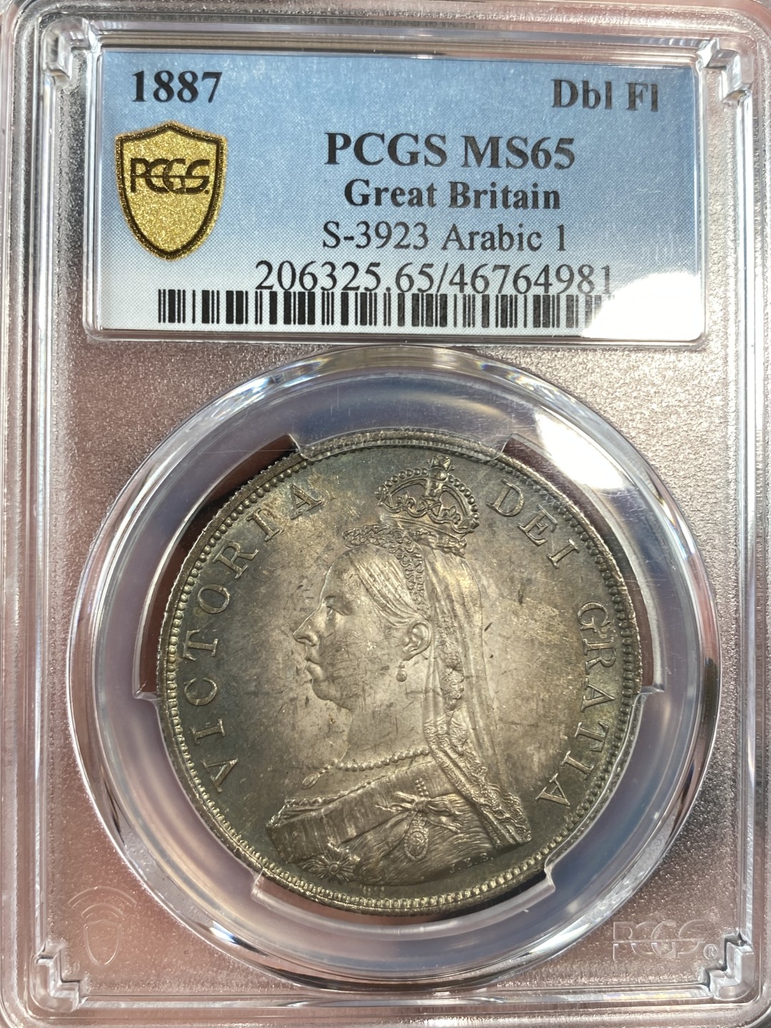 万国钱币拍卖第011期（视频直播专场） PCGS MS65 英国1887维多利亚女王高冠双弗洛林，绝美五彩，顶级品相，pc更高分只有4枚。