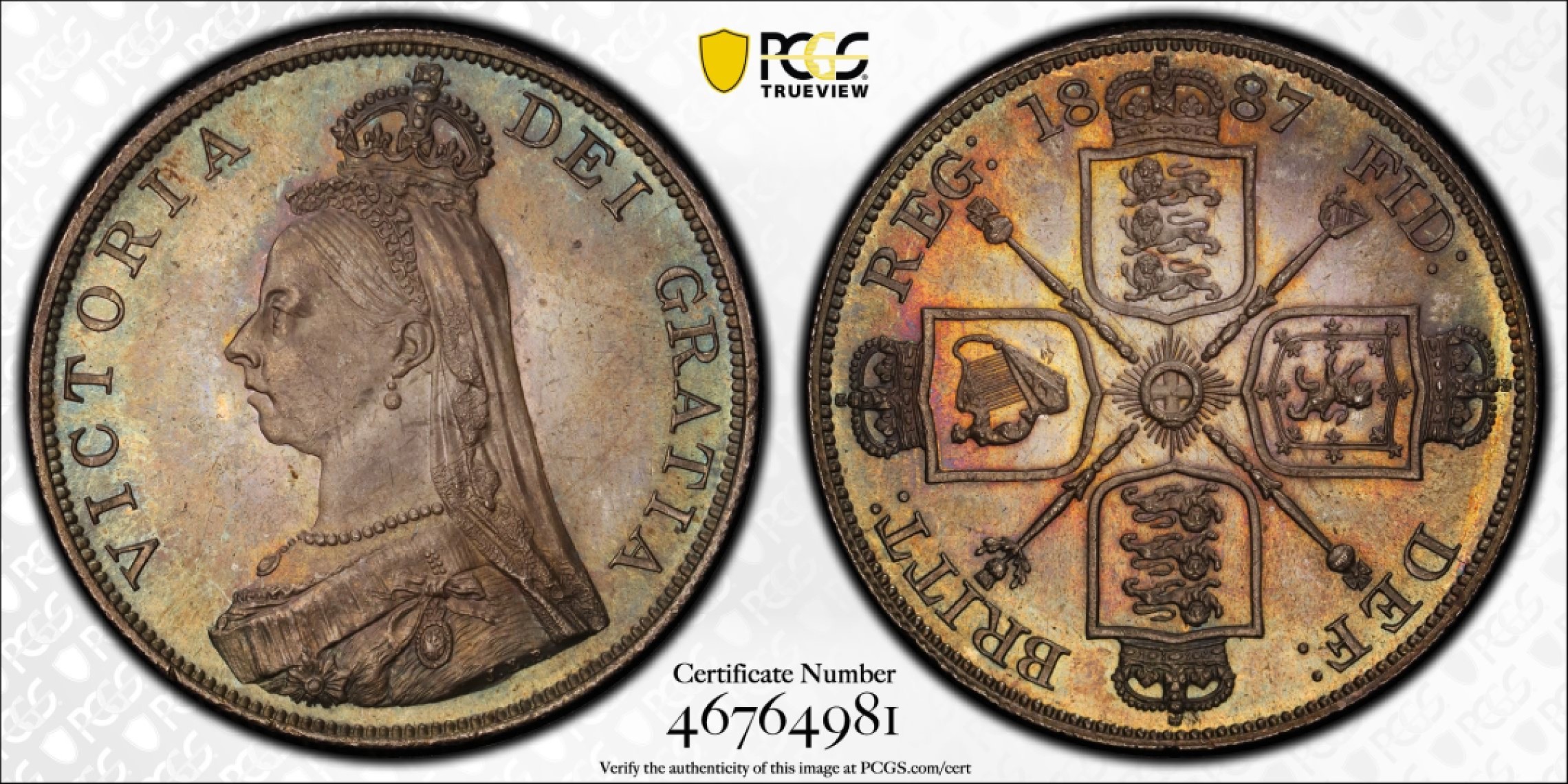 万国钱币拍卖第011期（视频直播专场） PCGS MS65 英国1887维多利亚女王高冠双弗洛林，绝美五彩，顶级品相，pc更高分只有4枚。