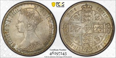 万国钱币拍卖第011期（视频直播专场） - PCGS MS64 1872英国维多利亚哥特弗洛林，小名誉品种，五彩粉光，更高分仅有3枚。