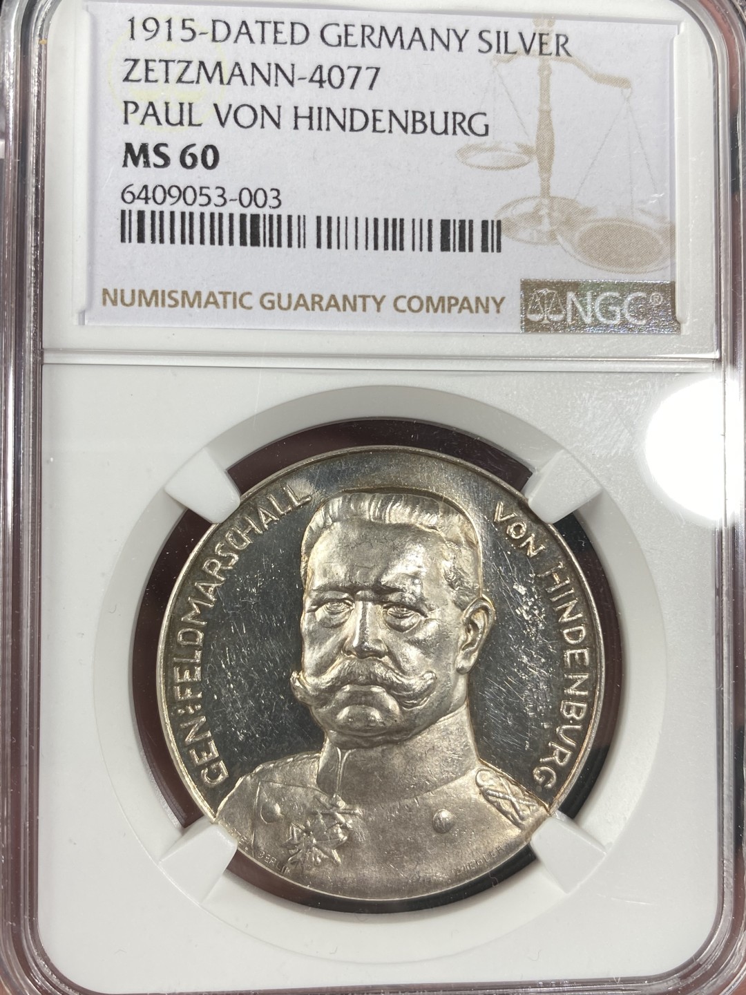 万国钱币拍卖第011期（视频直播专场） NGC MS60 1915年德国一战兴登堡高浮雕银章 深度镜面