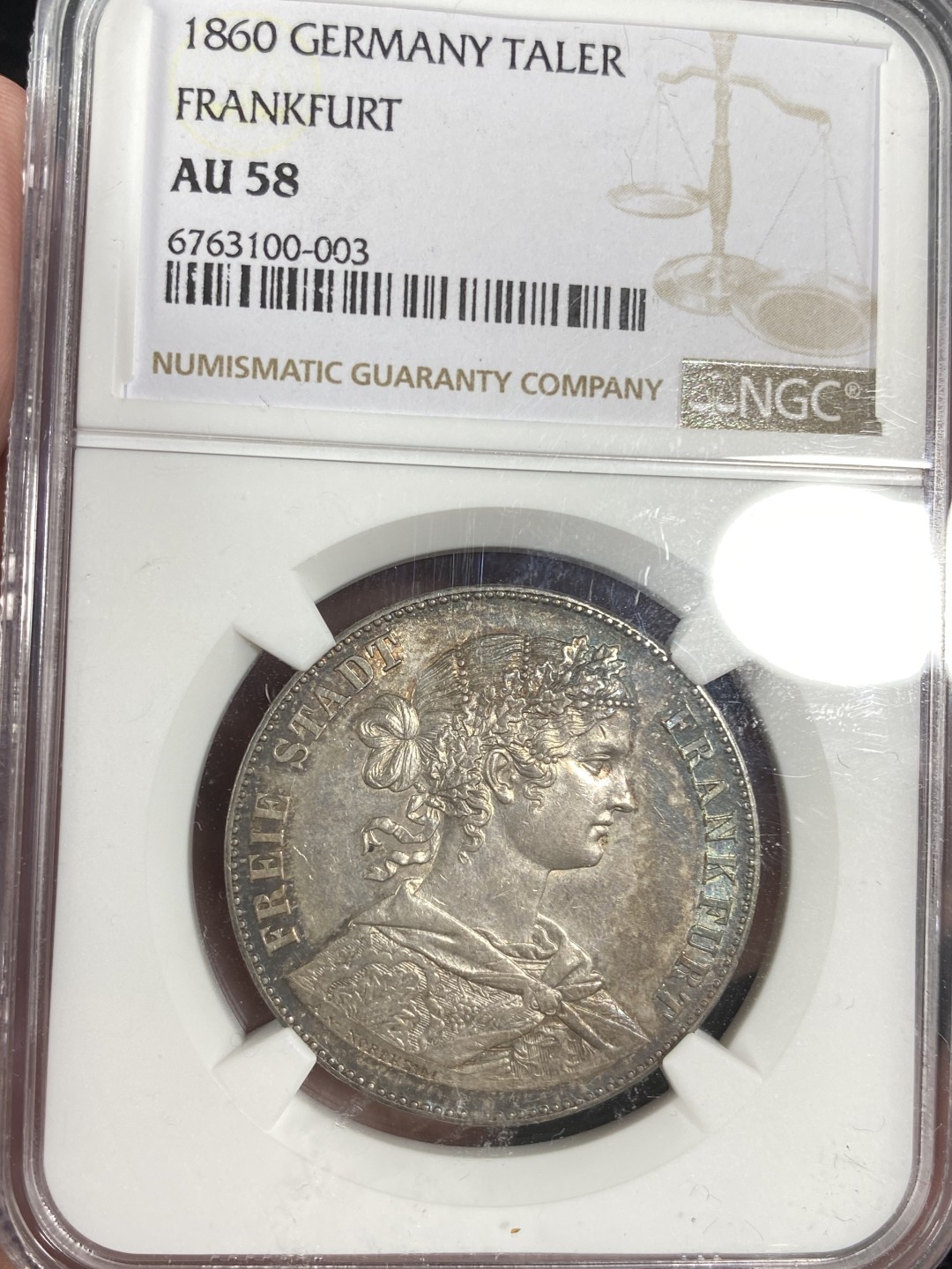 万国钱币拍卖第011期（视频直播专场） NGC AU58 1860年德国法兰克福少女五彩流通1泰勒